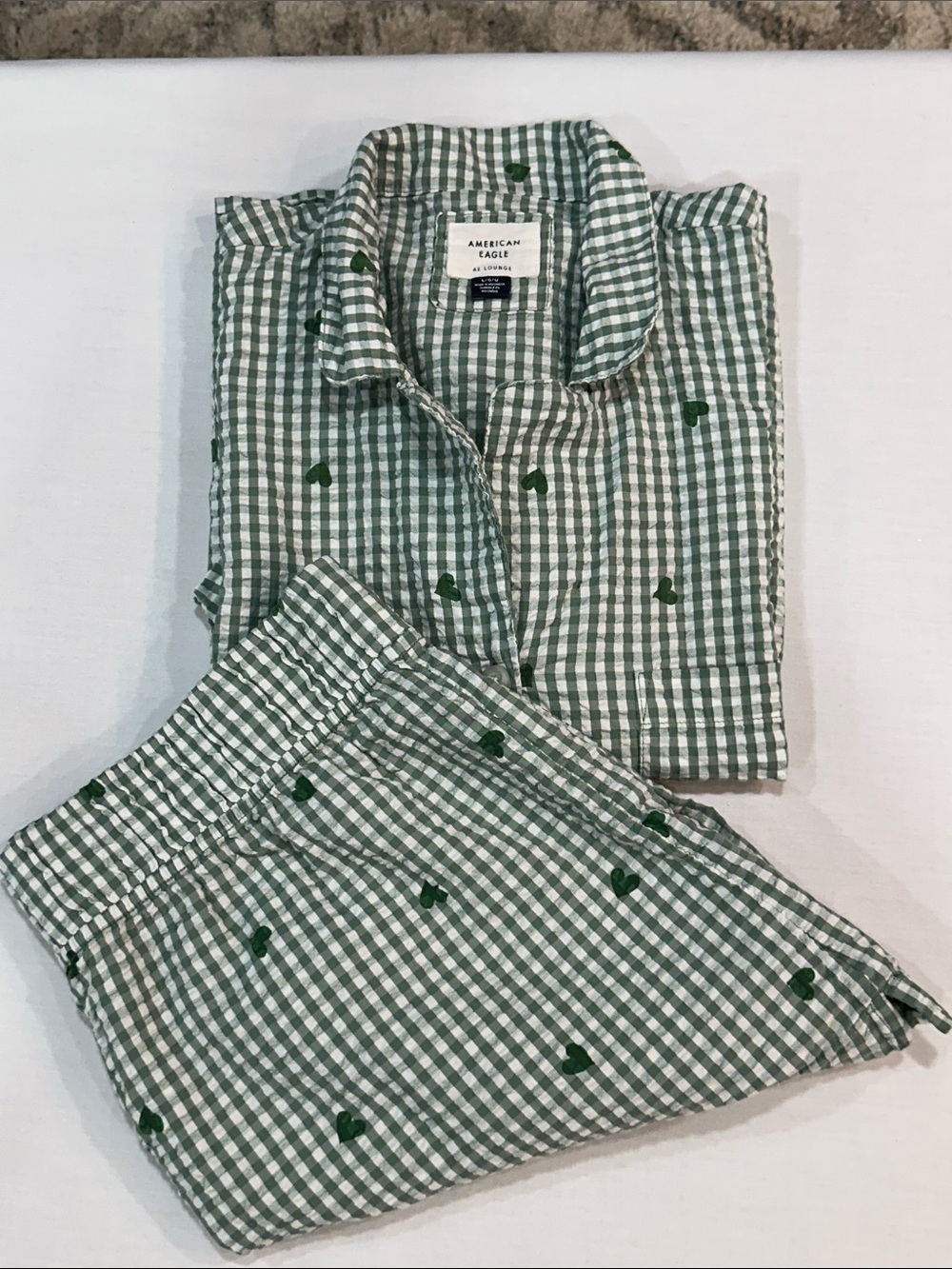 American Eagle Green Gingham Pajama Set with Heart Embroidery L